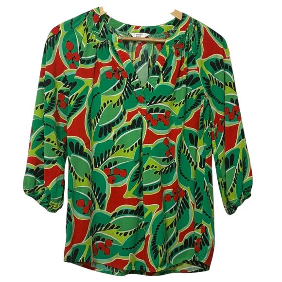 Crown & Ivy Womens Rayon Blouse XS Green Whimsical Abstract Top Bright Retro Pop - Picture 1 of 7